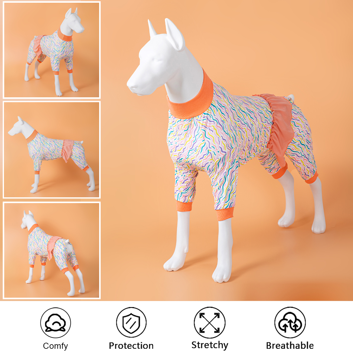 LovinPet Large Dog Pajamas Onesie with Skirt Tie - Colorful Wave Pattern Design