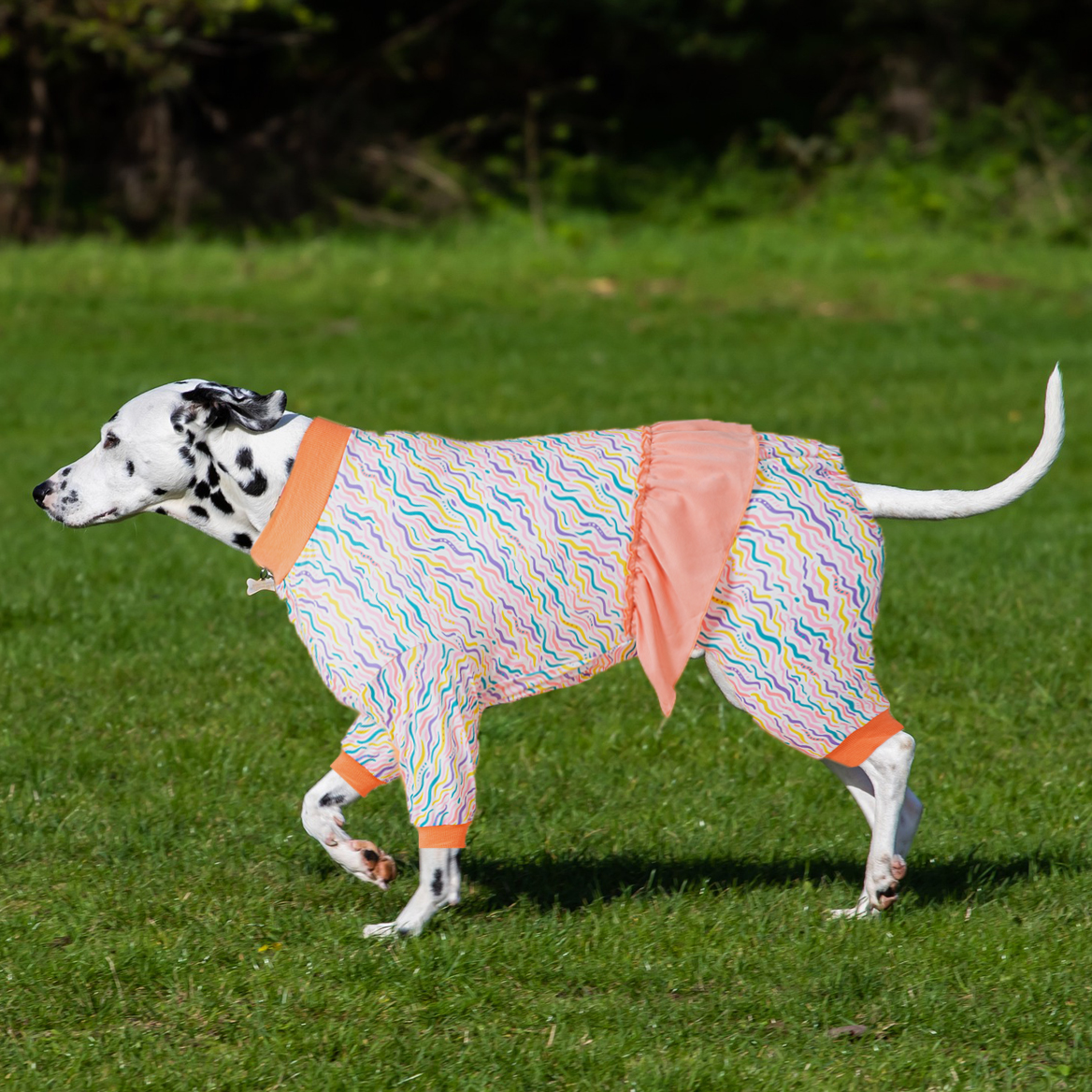 LovinPet Large Dog Pajamas Onesie with Skirt Tie - Colorful Wave Pattern Design