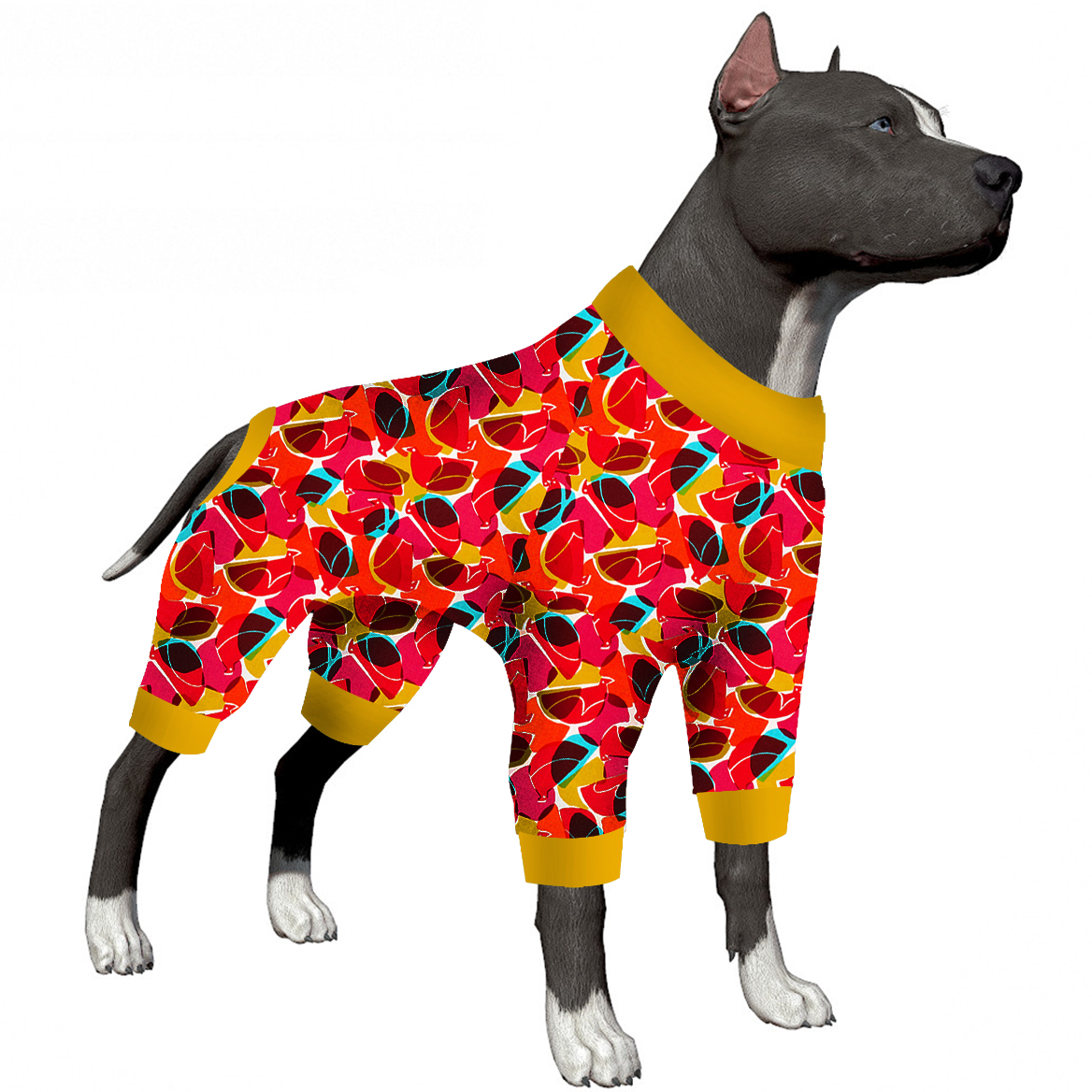Large Dog Recovery Suit Pajama Onesie - Abstract Orange Red Design