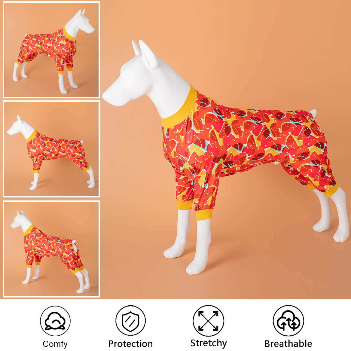 Large Dog Recovery Suit Pajama Onesie - Abstract Orange Red Design