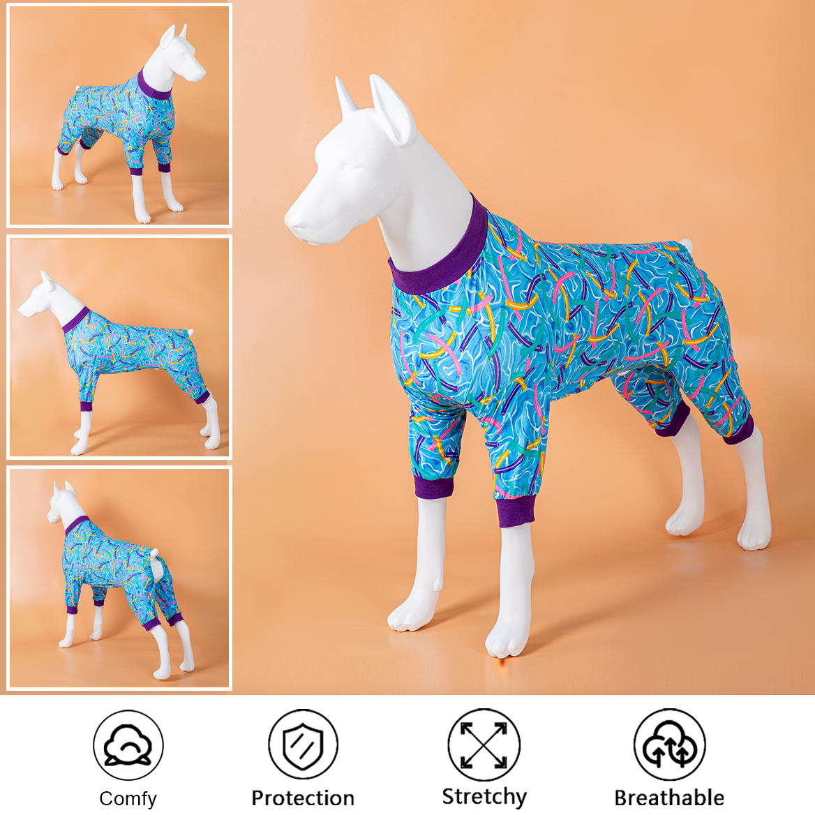 LovinPet Large Dog Pajamas Onesie - Tropical Wave and Surfboard Print