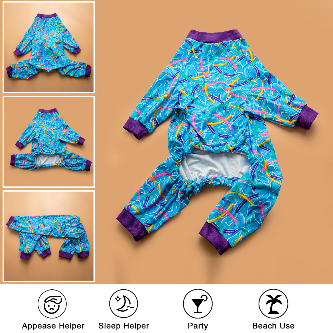 LovinPet Large Dog Pajamas Onesie - Tropical Wave and Surfboard Print
