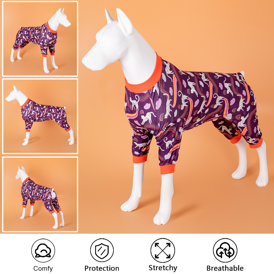 LovinPet Large Dog Pajamas Onesie - Whimsical Leopard and Rainbow Design in Dark Purple
