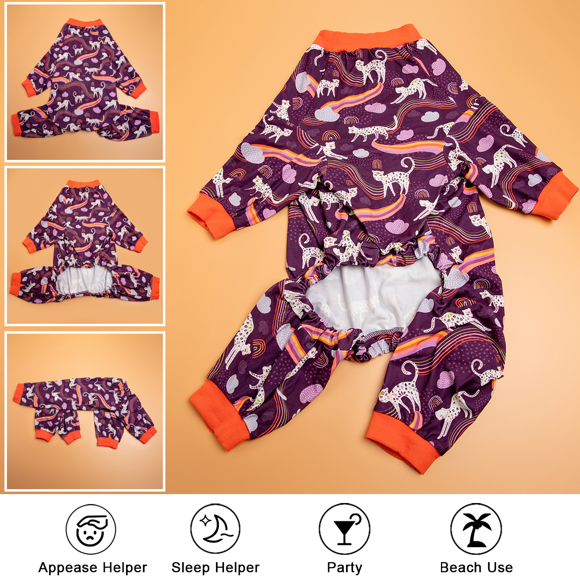 LovinPet Large Dog Pajamas Onesie - Whimsical Leopard and Rainbow Design in Dark Purple