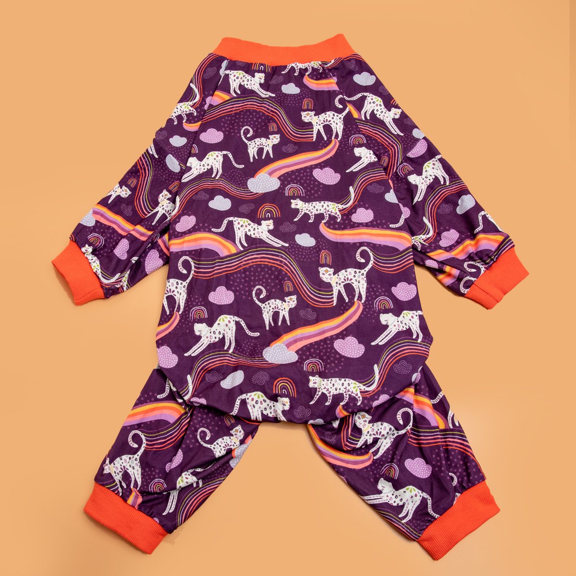 LovinPet Large Dog Pajamas Onesie - Whimsical Leopard and Rainbow Design in Dark Purple