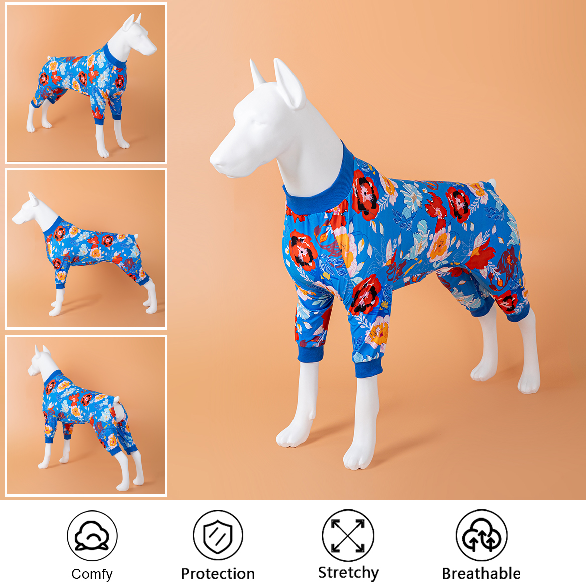 LovinPet Large Dog Pajamas Onesie - Bold Floral Design on Blue