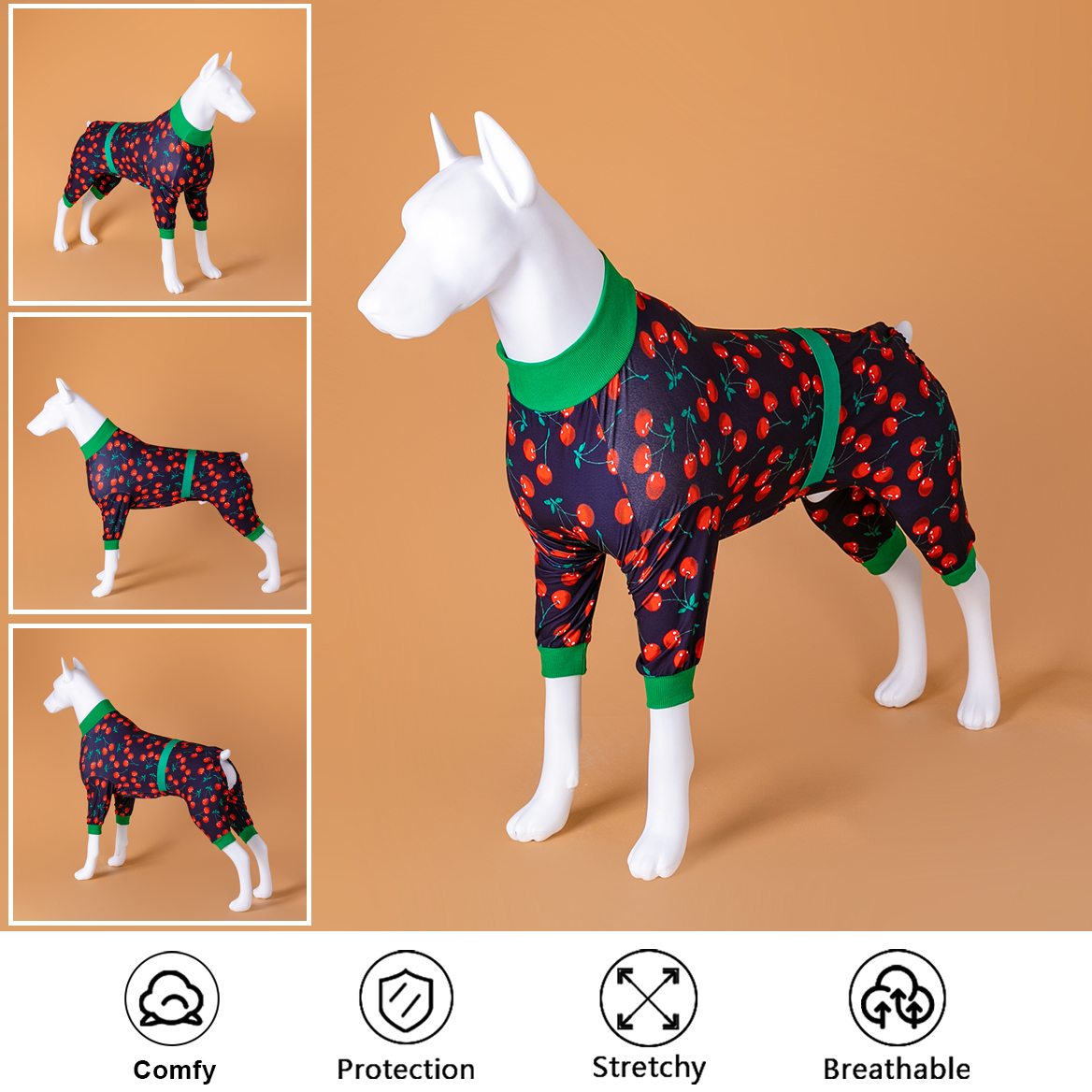 LovinPet Large Dog Pajamas Onesie - Cherry Pattern Sleepwear for Big Dogs