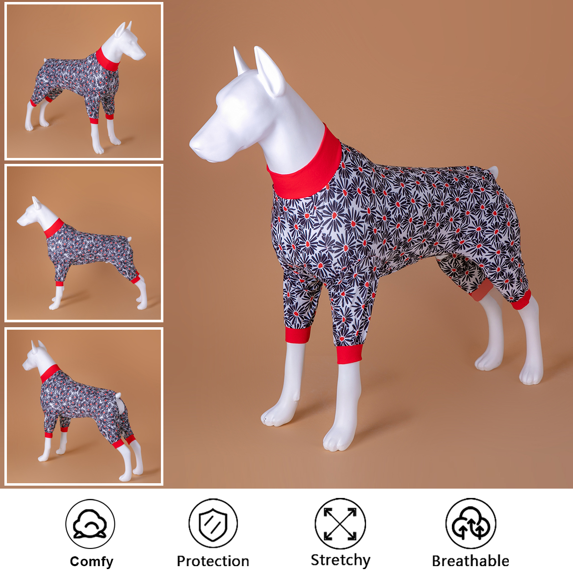 Black Daisy Dog Recovery Suit Full-Body Post-Surgery Comfort