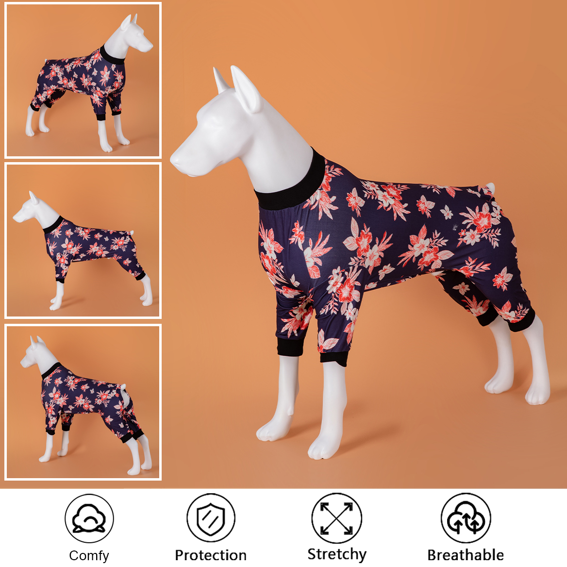 LovinPet Dog Recovery Bodysuit Pajama - Dark Teal with Red Wildflower Pattern