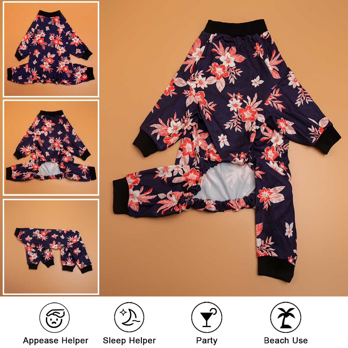 LovinPet Dog Recovery Bodysuit Pajama - Dark Teal with Red Wildflower Pattern