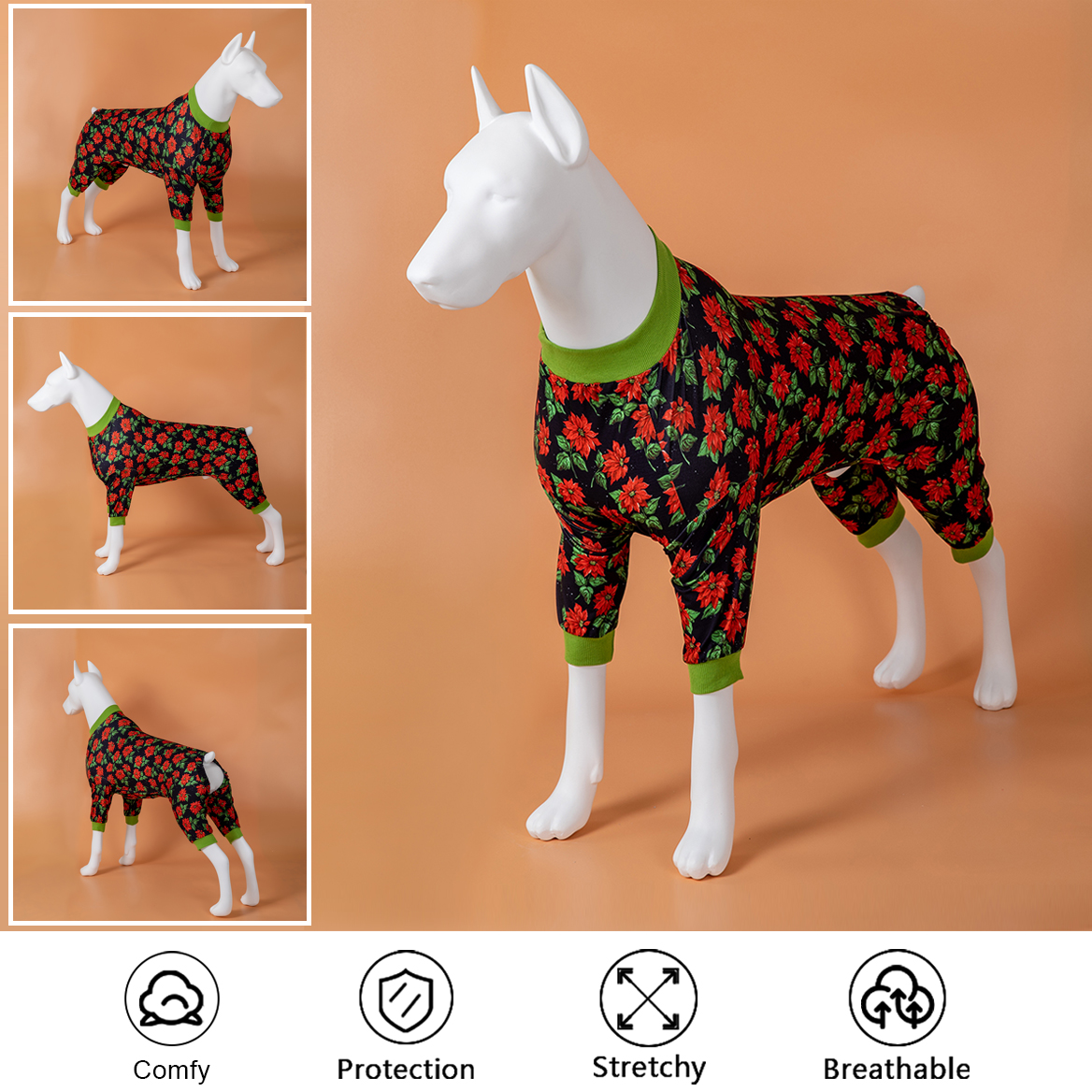 LovinPet Large Dog Pajamas Onesie - Festive Poinsettia Holiday Design