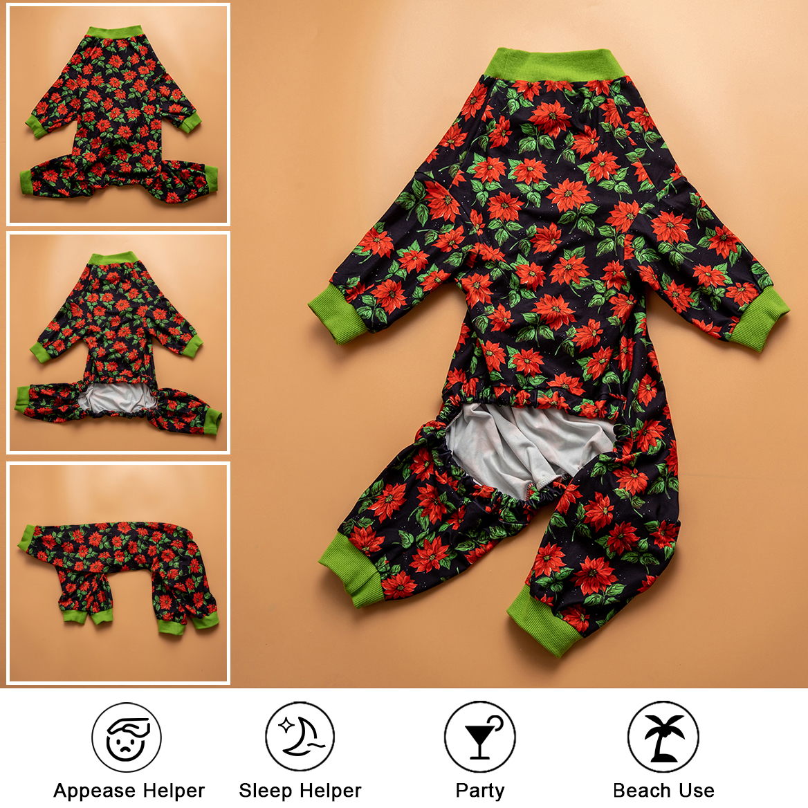 LovinPet Large Dog Pajamas Onesie - Festive Poinsettia Holiday Design
