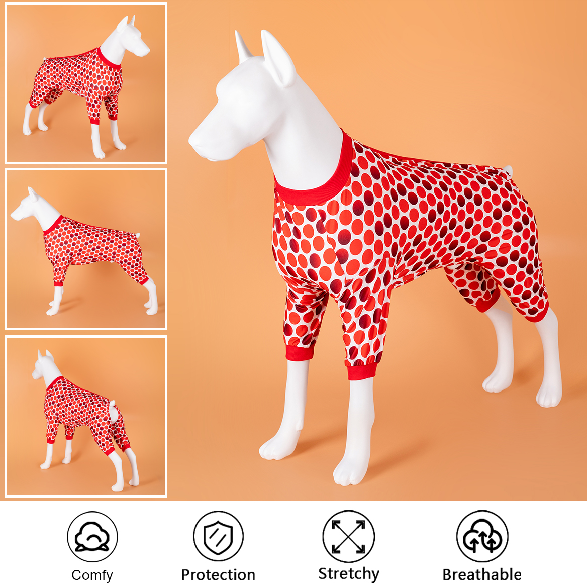 LovinPet Large Dog Pajamas Onesie - Black & Red Polka Dot Pattern