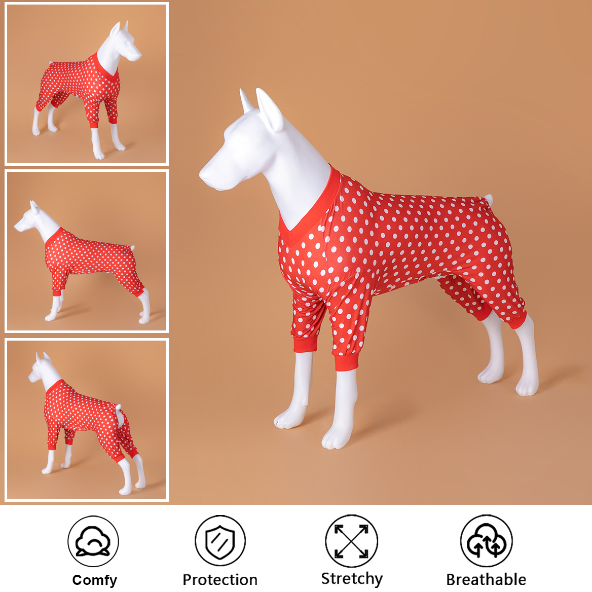 Red Polka Dot Full-Body Dog Recovery Onesie Pajamas for Large Breeds
