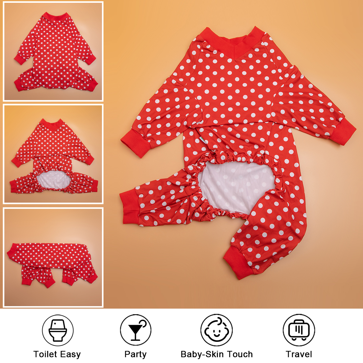 Red Polka Dot Full-Body Dog Recovery Onesie Pajamas for Large Breeds