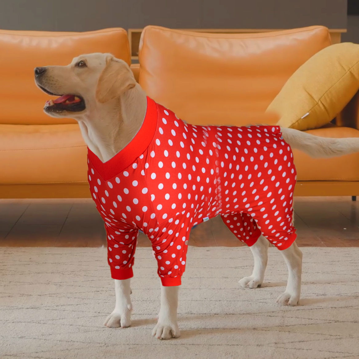 Red Polka Dot Full-Body Dog Recovery Onesie Pajamas for Large Breeds