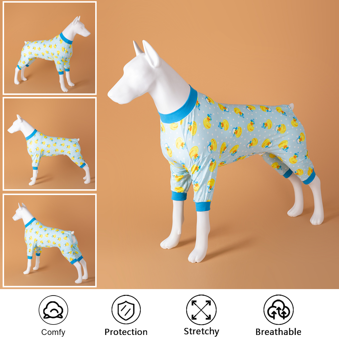 LovinPet Large Dog Post Recovery Suit - Playful Rubber Duck Design on Light Blue Background