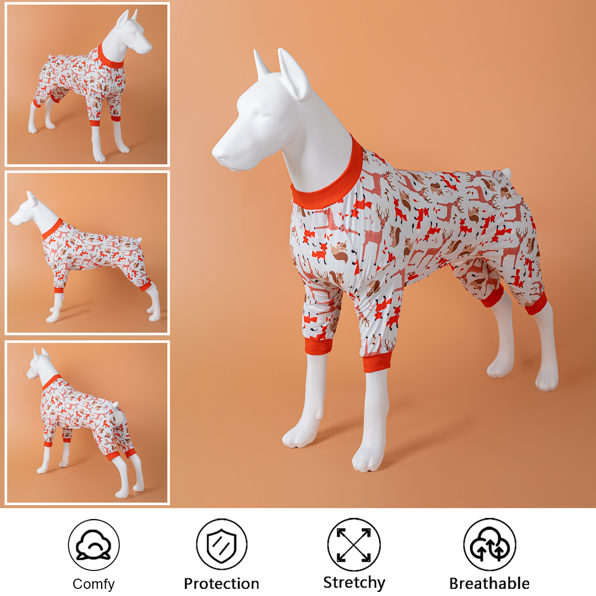 LovinPet Large Dog Pajamas Onesie - Woodland Animal Design with Bright Orange Accents