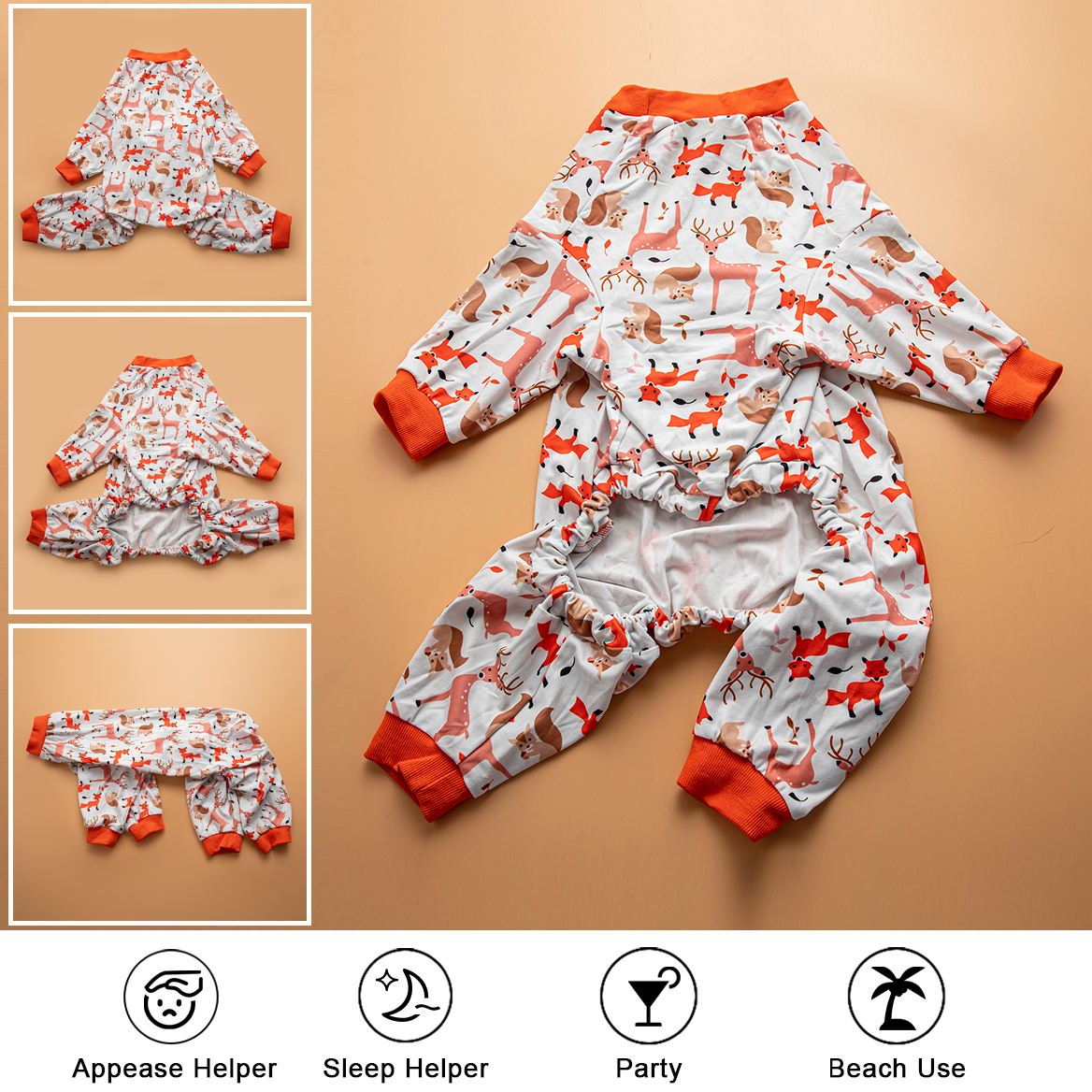 LovinPet Large Dog Pajamas Onesie - Woodland Animal Design with Bright Orange Accents