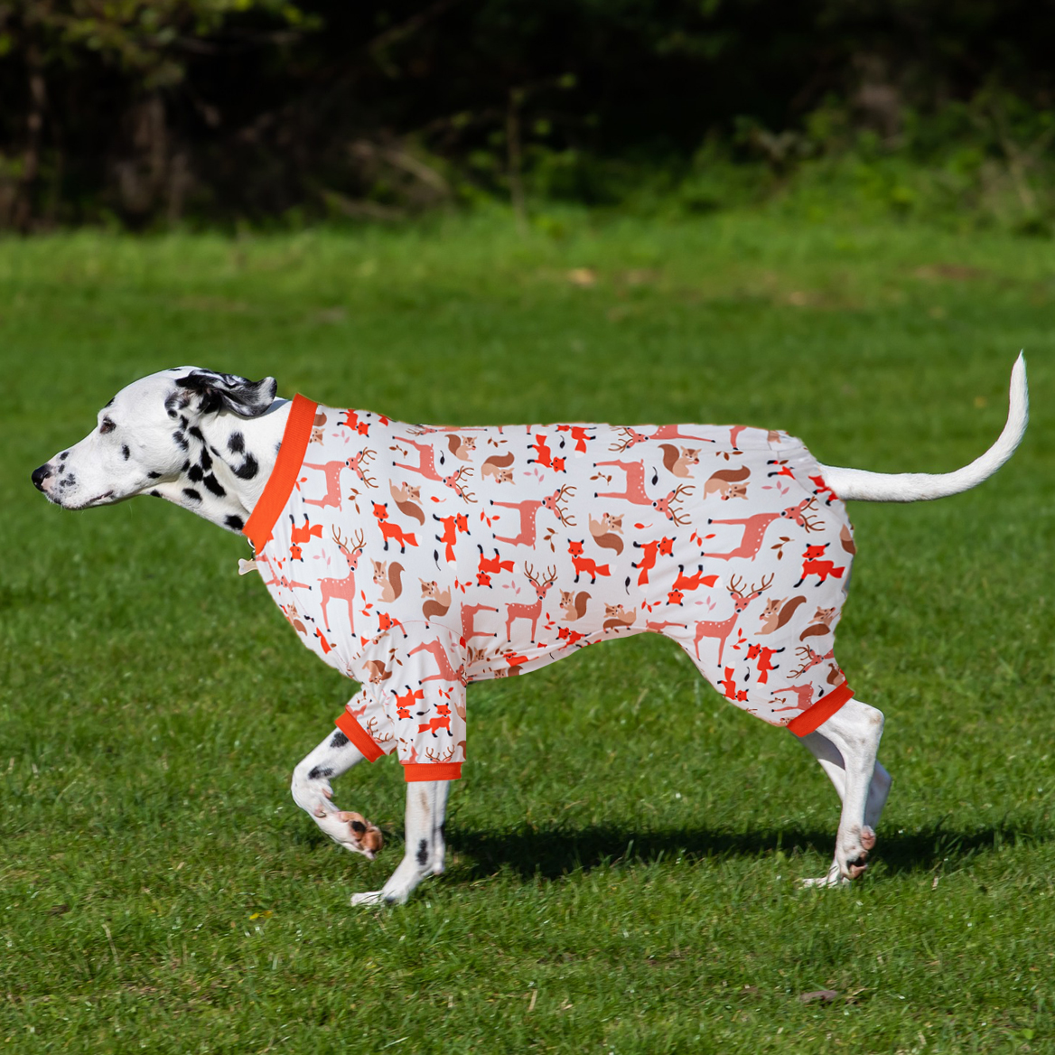 LovinPet Large Dog Pajamas Onesie - Woodland Animal Design with Bright Orange Accents