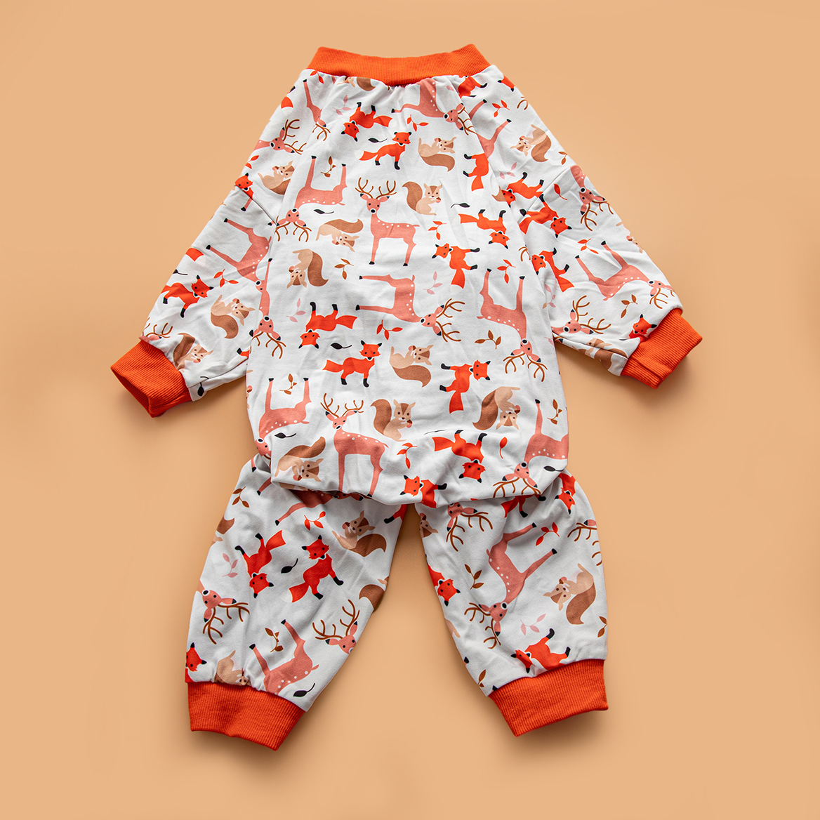 LovinPet Large Dog Pajamas Onesie - Woodland Animal Design with Bright Orange Accents