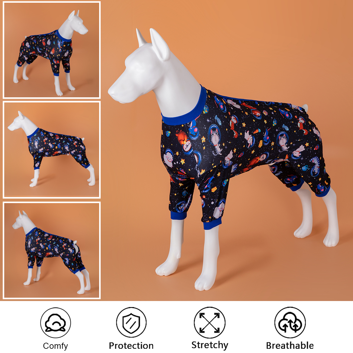 LovinPet Large Dog Pajamas Onesie - Space Rockets Design
