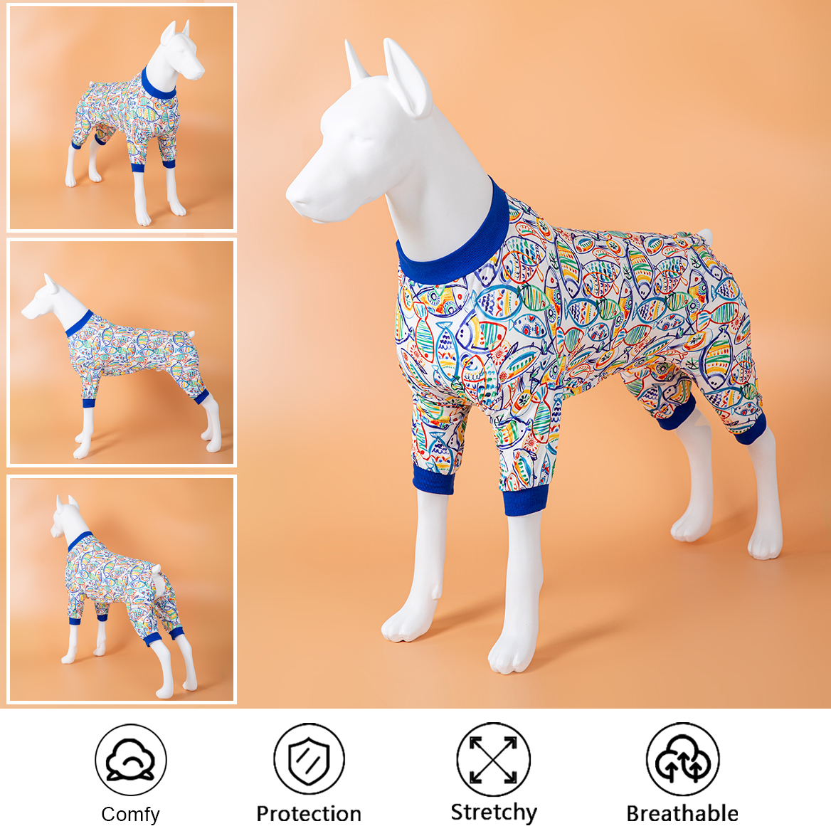 LovinPet Large Dog Post Recovery Suit - Vibrant Fish Design with Navy Trim