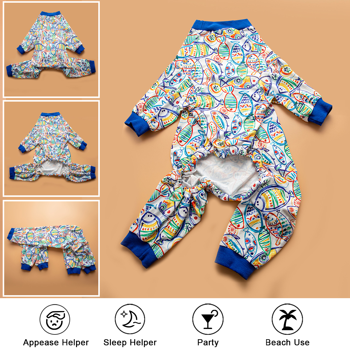 LovinPet Large Dog Post Recovery Suit - Vibrant Fish Design with Navy Trim