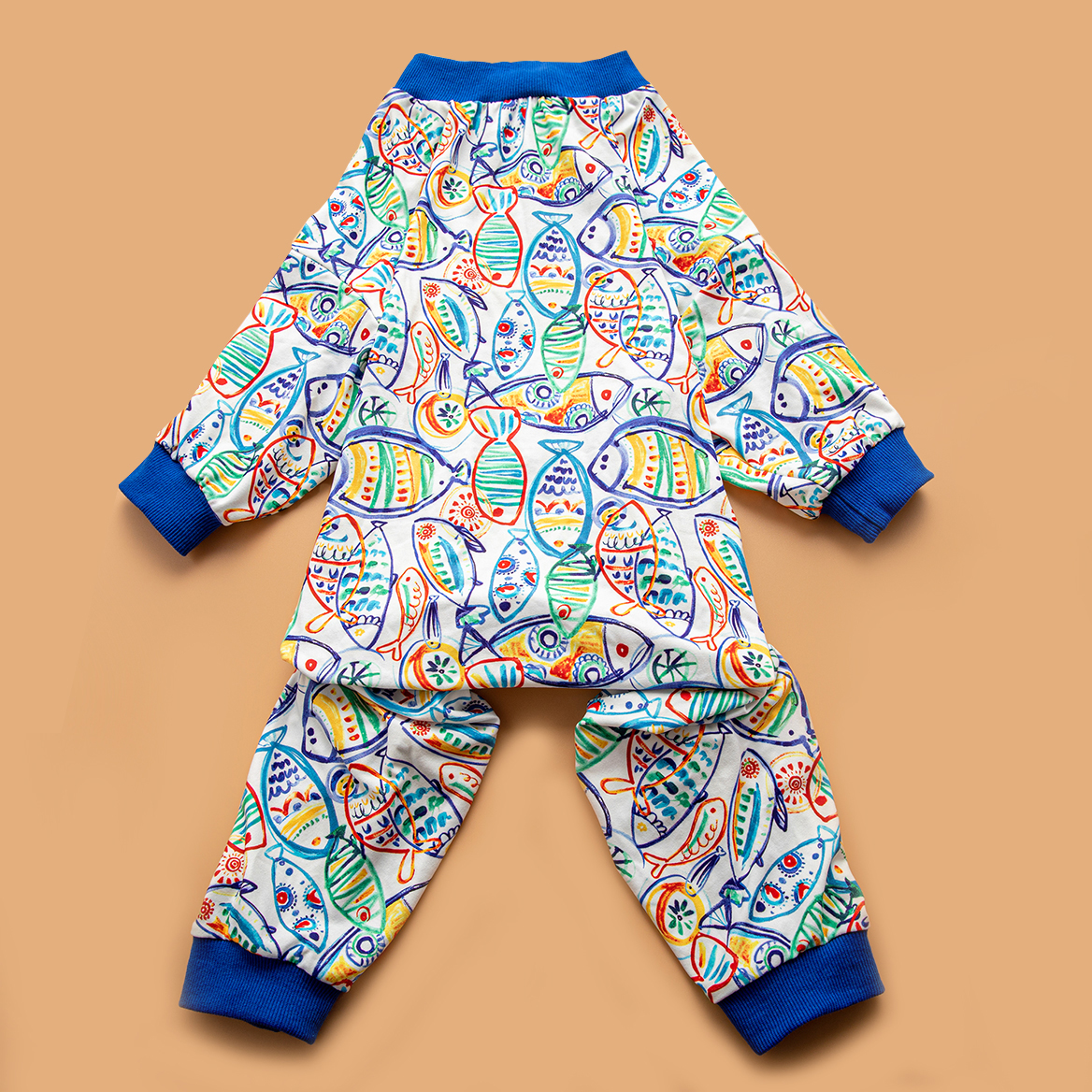 LovinPet Large Dog Post Recovery Suit - Vibrant Fish Design with Navy Trim