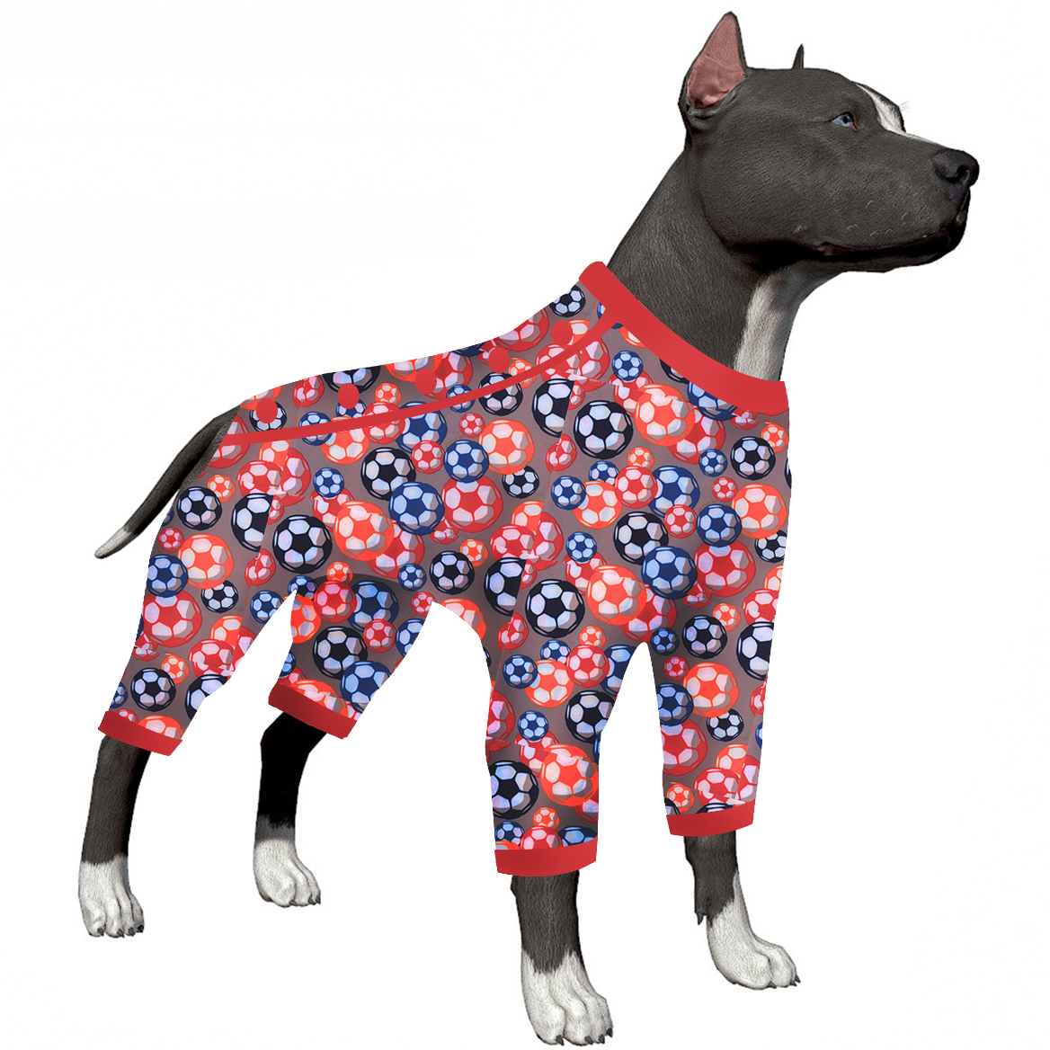 LovinPet Dog Pajamas,Wound Care, Anxiety Calm Dog Onesie under Dog Coats as Bottoming, Lightweight Soft 4 Legged Large Dog Jammies, Stretchable Soccer Balls Tan Prints Pjs for Dogs
