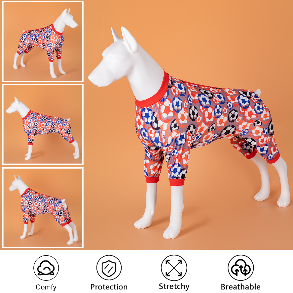 LovinPet Dog Pajamas,Wound Care, Anxiety Calm Dog Onesie under Dog Coats as Bottoming, Lightweight Soft 4 Legged Large Dog Jammies, Stretchable Soccer Balls Tan Prints Pjs for Dogs