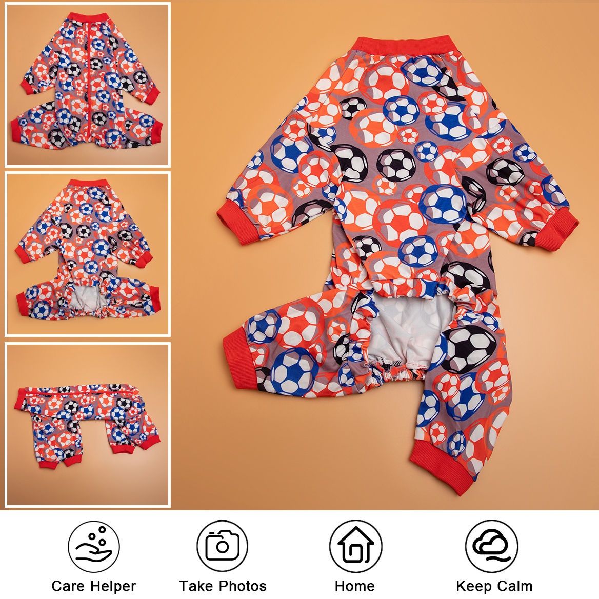 LovinPet Dog Pajamas,Wound Care, Anxiety Calm Dog Onesie under Dog Coats as Bottoming, Lightweight Soft 4 Legged Large Dog Jammies, Stretchable Soccer Balls Tan Prints Pjs for Dogs
