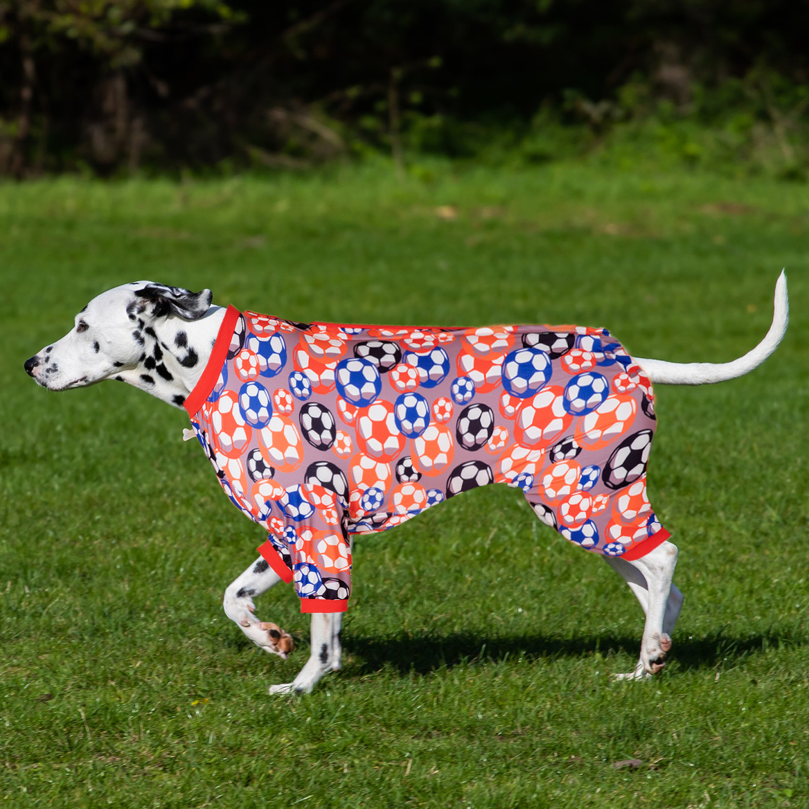 LovinPet Dog Pajamas,Wound Care, Anxiety Calm Dog Onesie under Dog Coats as Bottoming, Lightweight Soft 4 Legged Large Dog Jammies, Stretchable Soccer Balls Tan Prints Pjs for Dogs