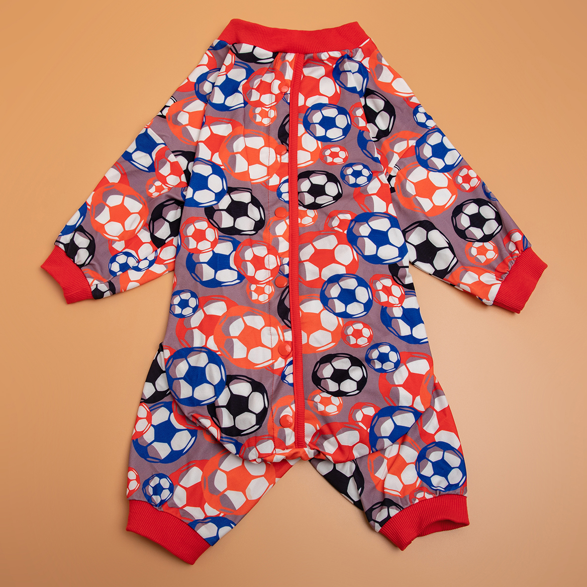 LovinPet Dog Pajamas,Wound Care, Anxiety Calm Dog Onesie under Dog Coats as Bottoming, Lightweight Soft 4 Legged Large Dog Jammies, Stretchable Soccer Balls Tan Prints Pjs for Dogs