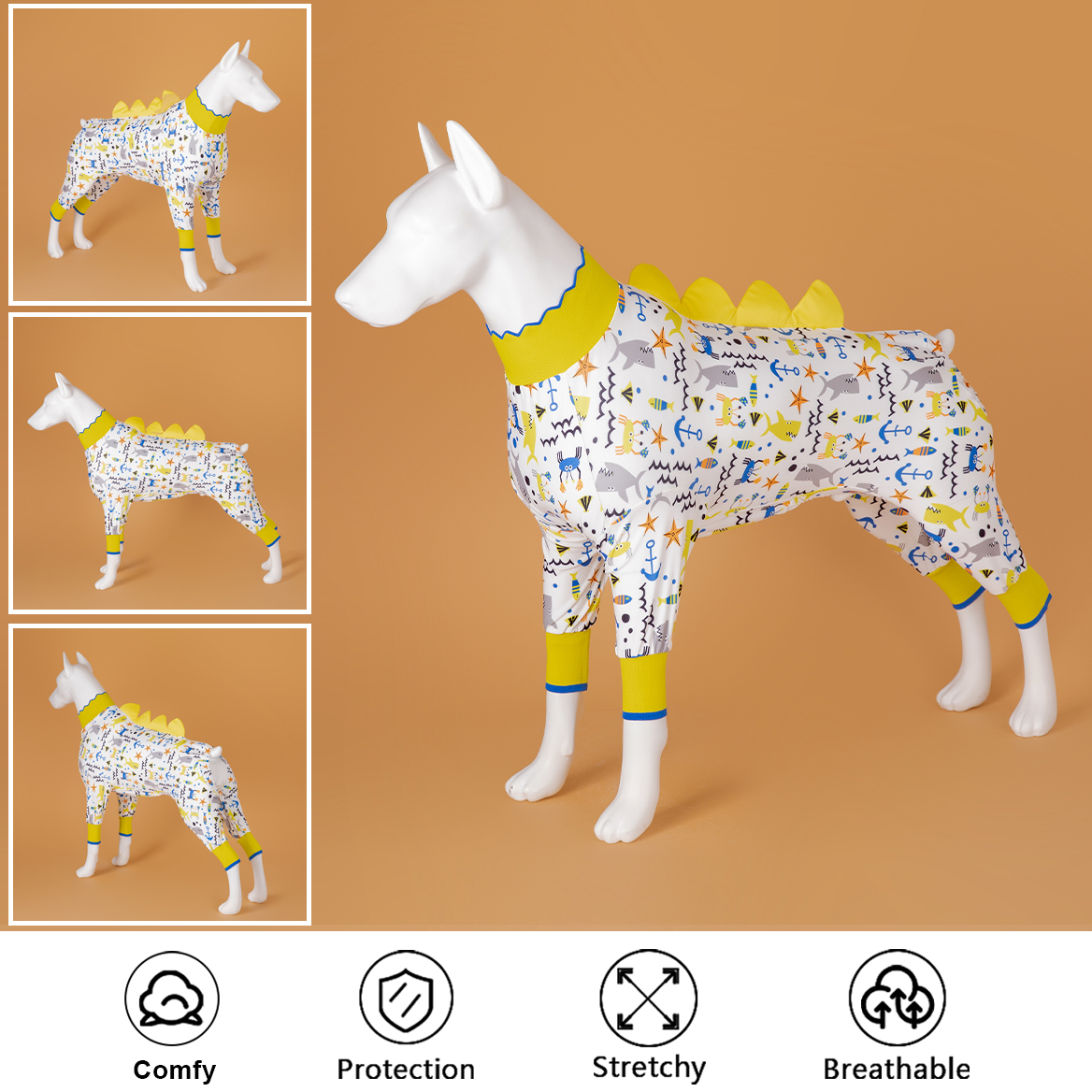 LovinPet Large Dog Post Recovery Suit - Dinosaur Spikes & Marine Adventure Design