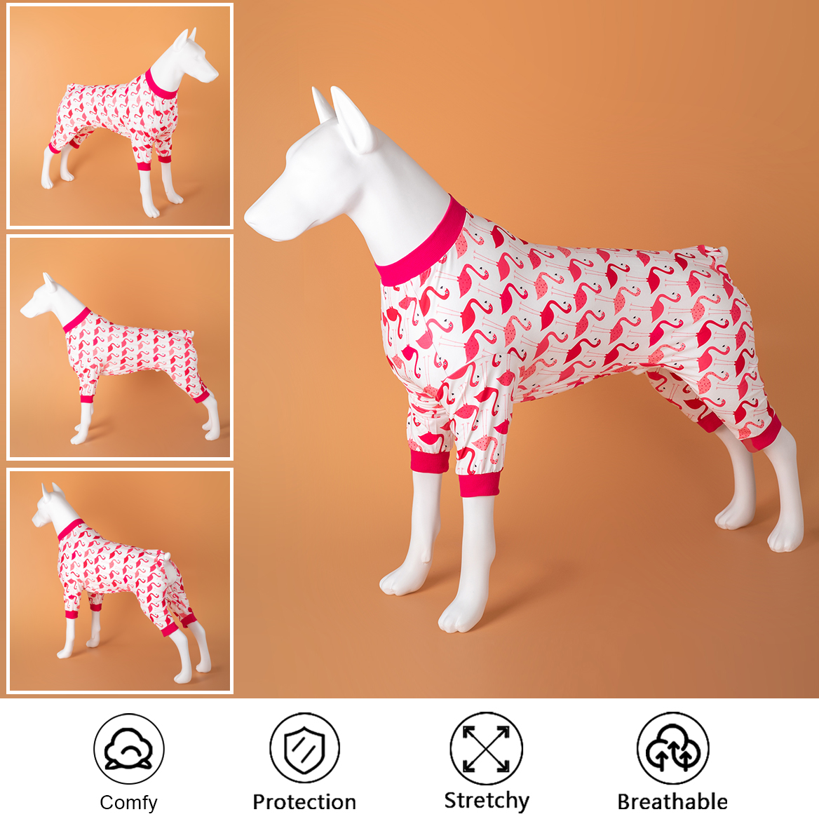 LovinPet Big Dog Recovery Suit Pajama Onesie - Red Flamingo Pattern