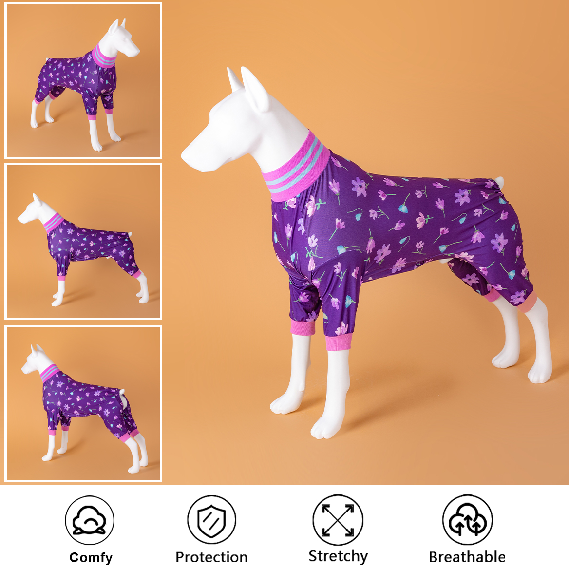 LovinPet Large Dog Pajamas Onesie - Elegant Floral Pattern with Purple Accents