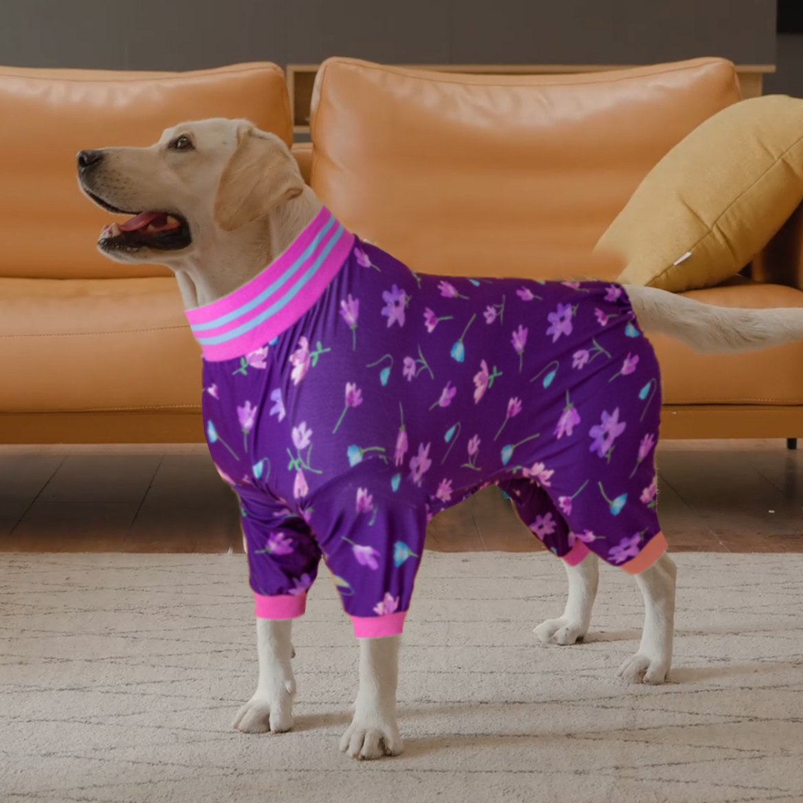 LovinPet Large Dog Pajamas Onesie - Elegant Floral Pattern with Purple Accents