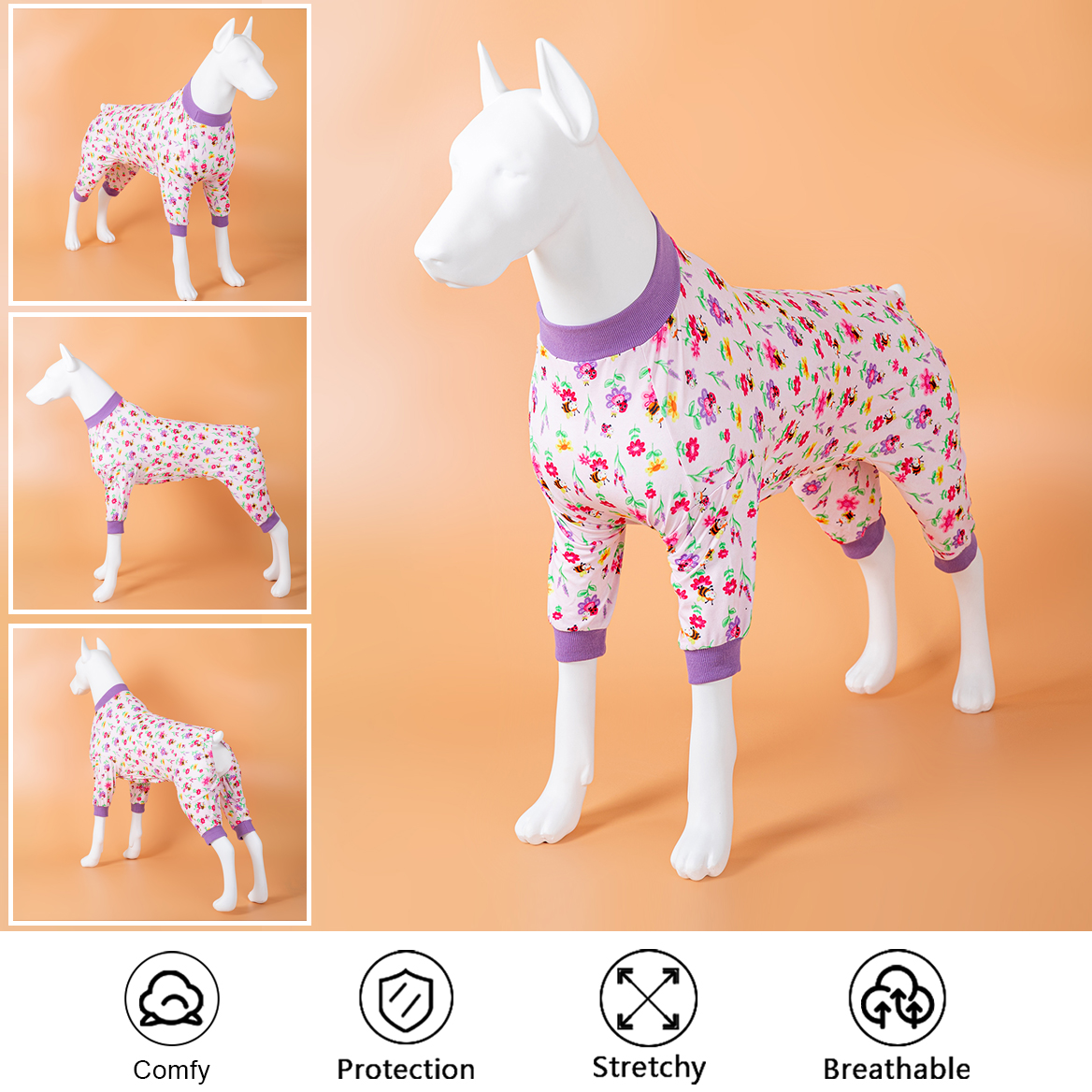 LovinPet Large Dog Post Recovery Suit - Soft Pink Floral Design with Lavender Trim