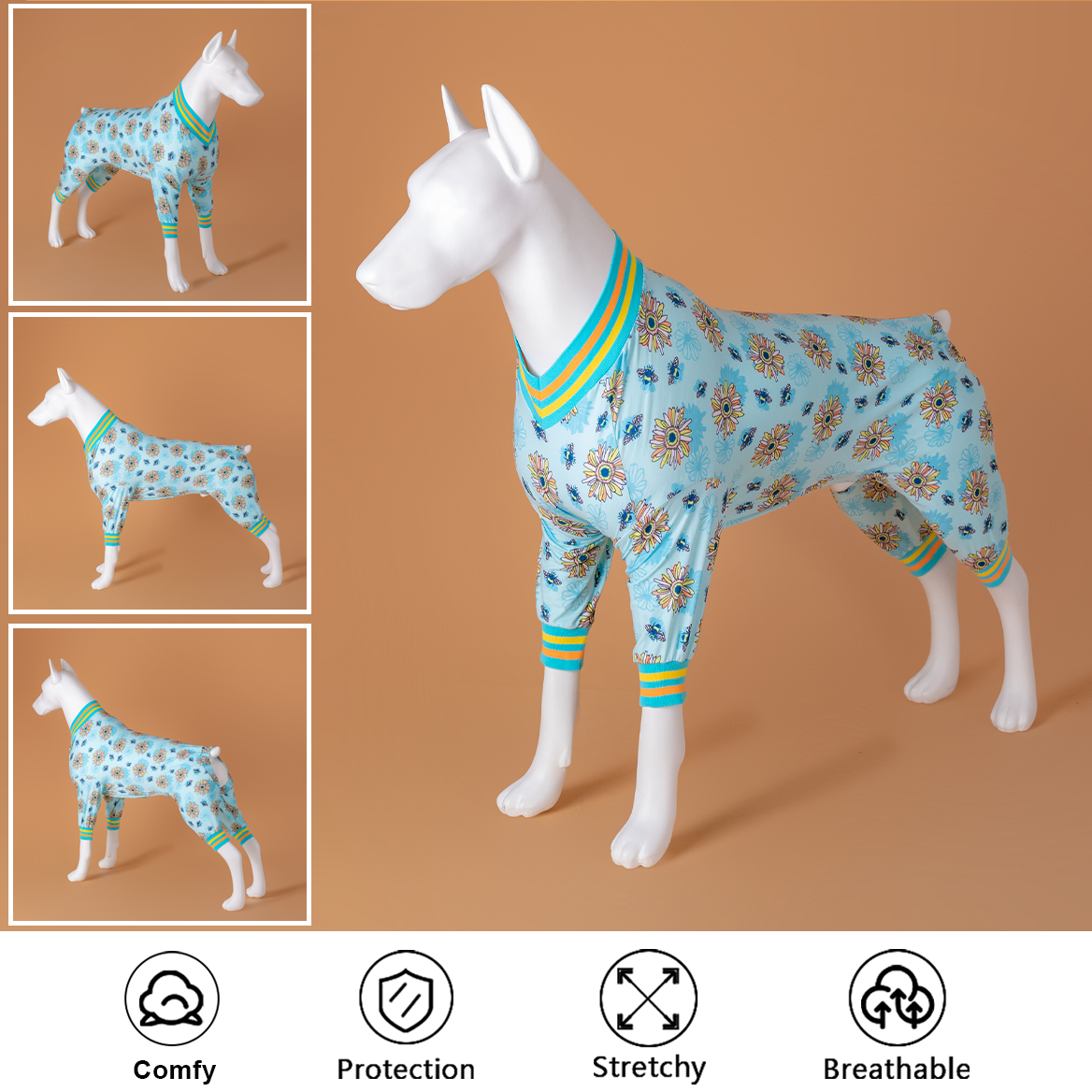 LovinPet Large Dog Pajamas Onesie - Sunflower and Daisy Floral Sleepwear for Big Dogs