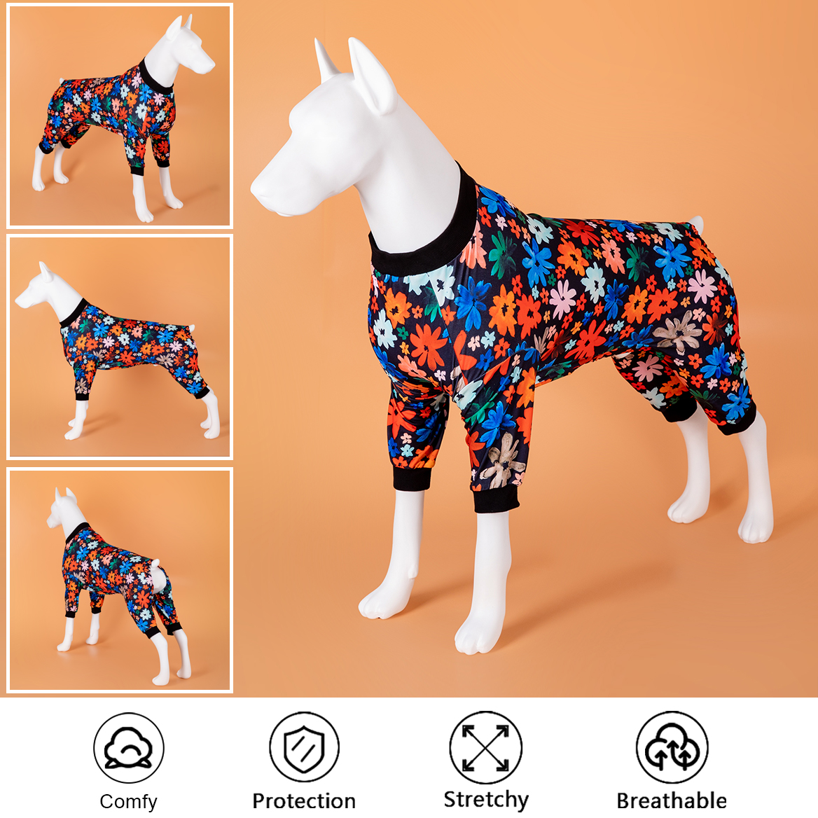 LovinPet Large Dog Pajamas Onesie - Colorful Floral on Black