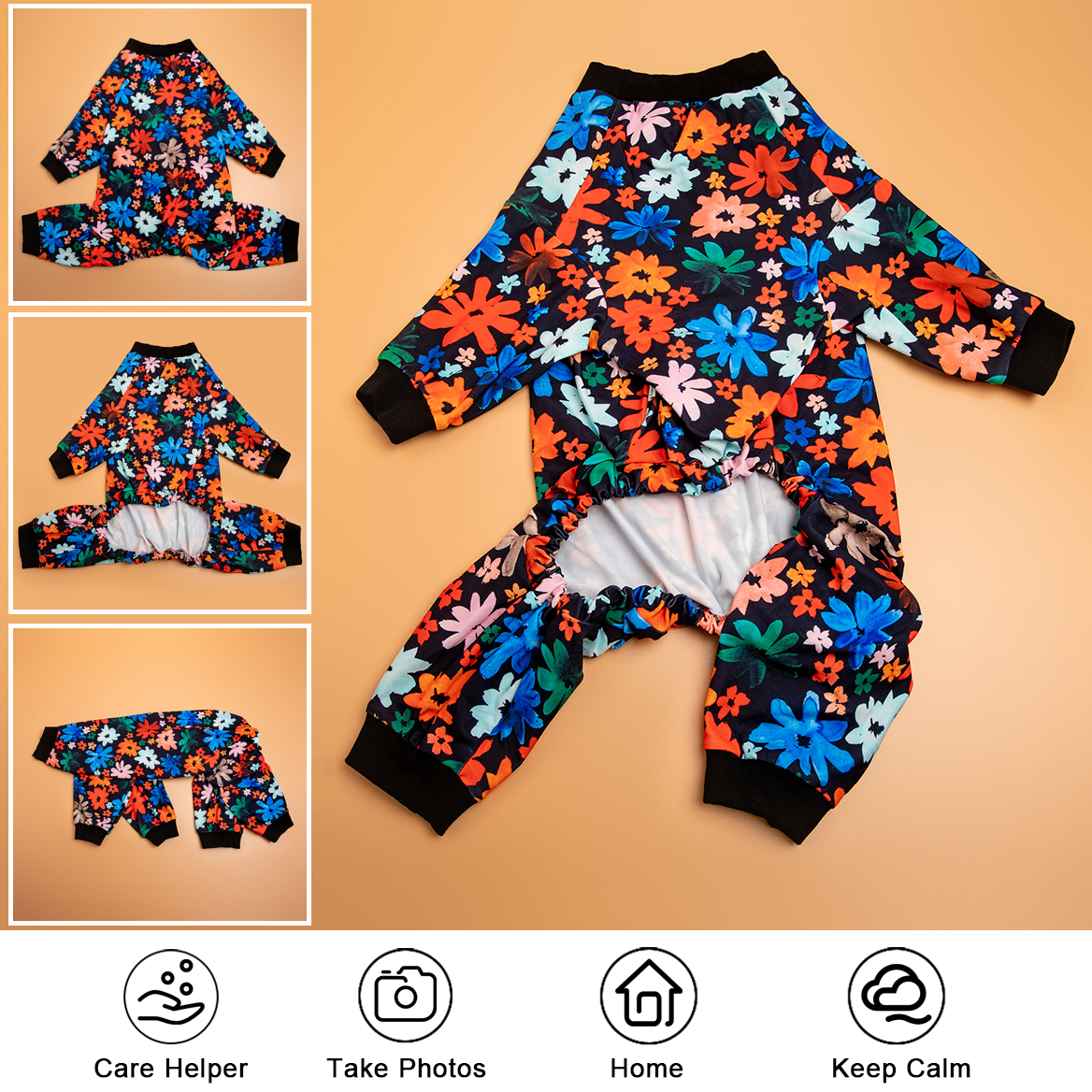 LovinPet Large Dog Pajamas Onesie - Colorful Floral on Black