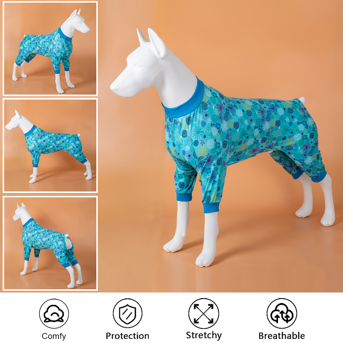 LovinPet Dog Recovery Suit Pajama Onesie - Sea-Blue Coral Pattern