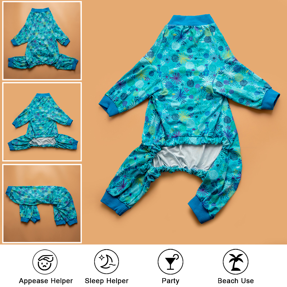 LovinPet Dog Recovery Suit Pajama Onesie - Sea-Blue Coral Pattern