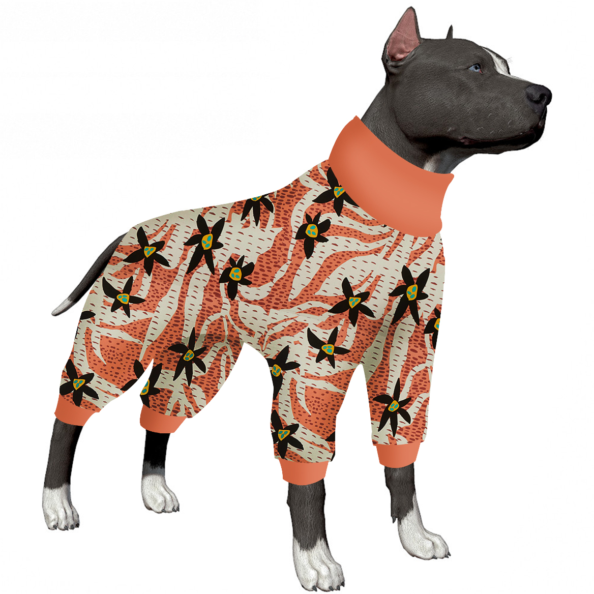 LovinPet Large Dog Post Recovery Suit - Abstract Orange & Black Floral Design
