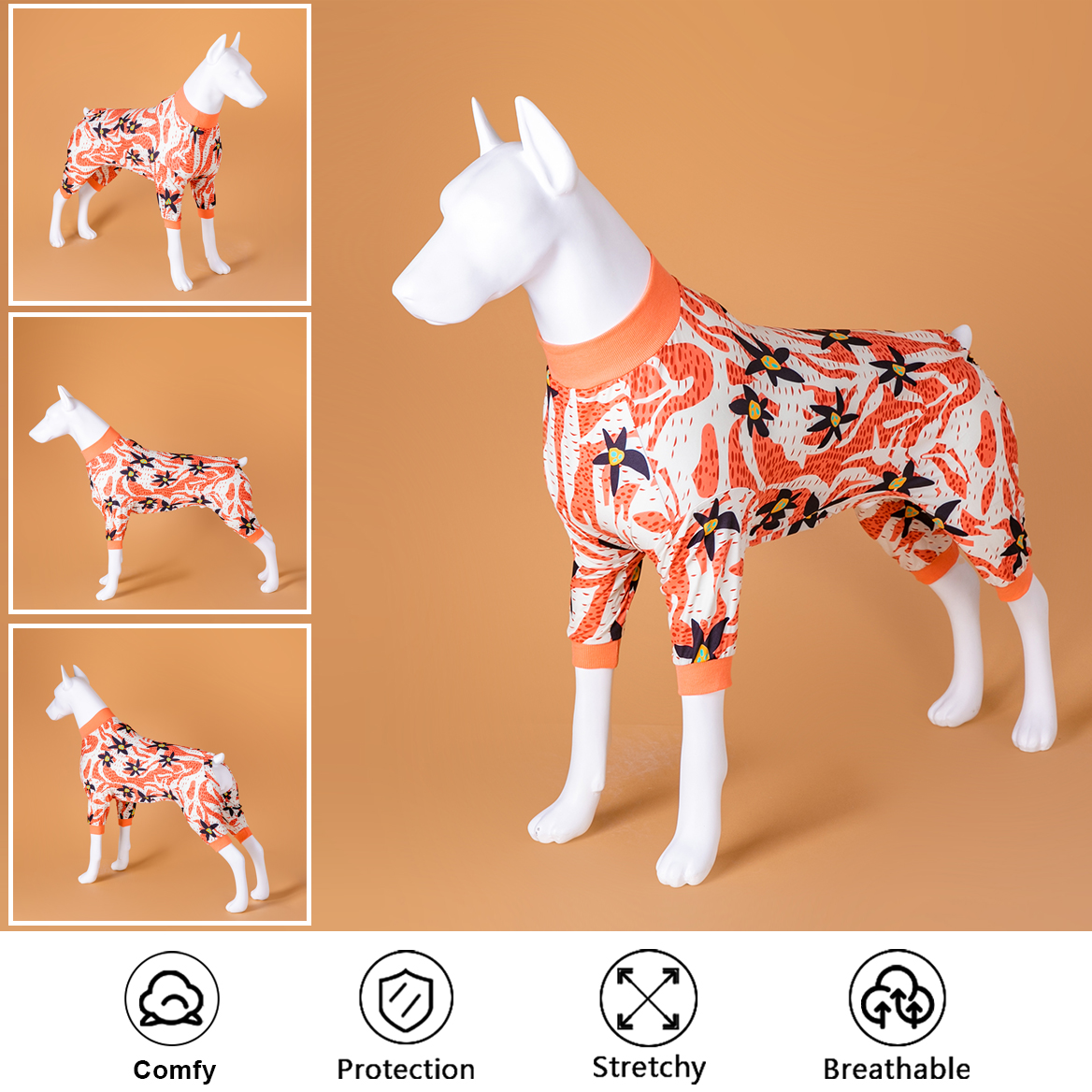 LovinPet Large Dog Post Recovery Suit - Abstract Orange & Black Floral Design