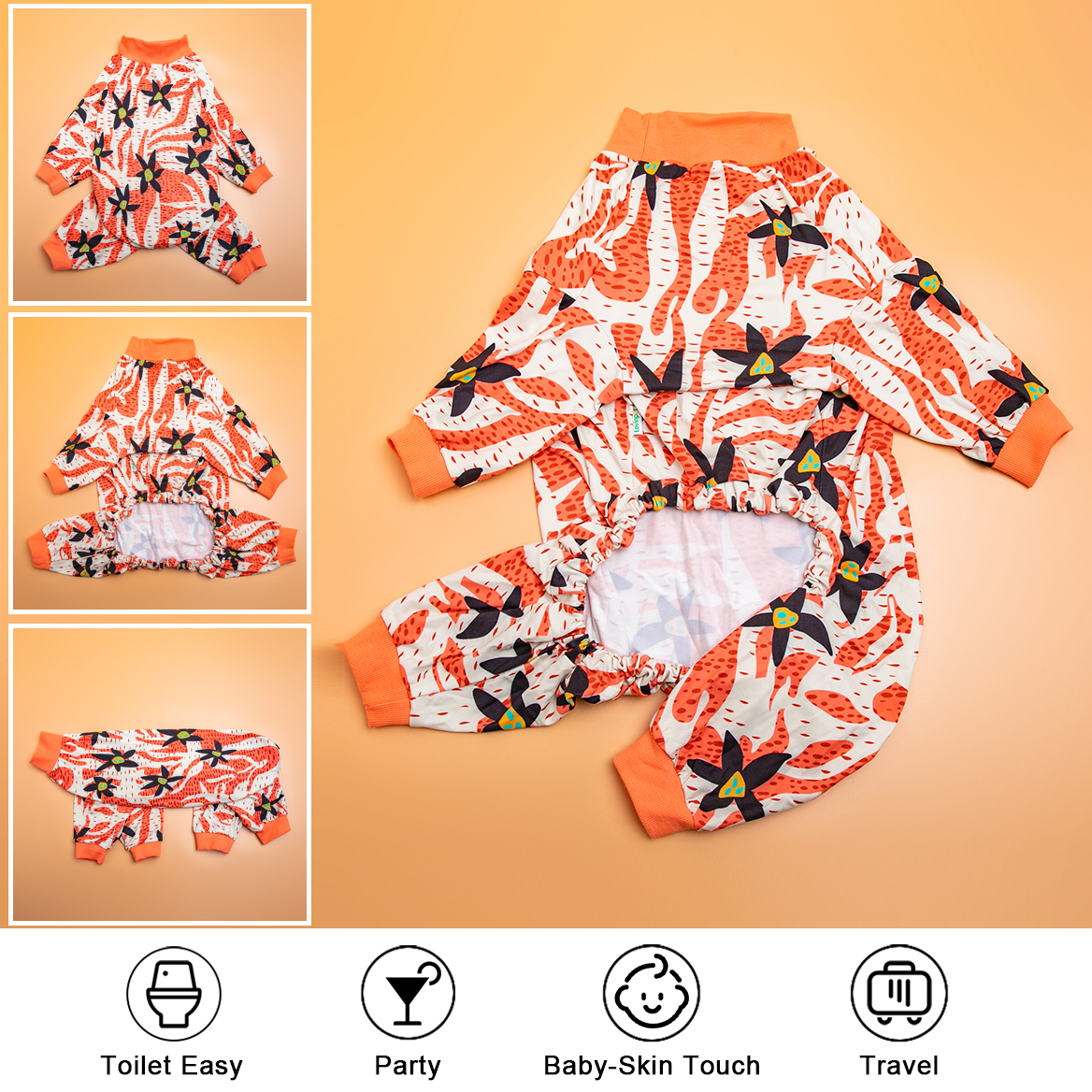 LovinPet Large Dog Post Recovery Suit - Abstract Orange & Black Floral Design