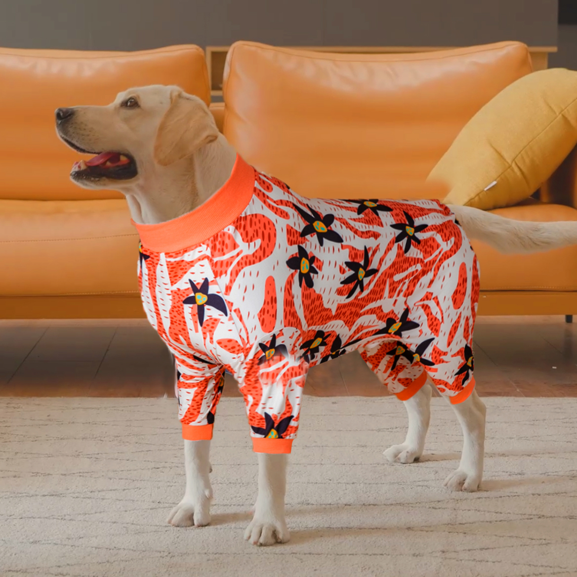 LovinPet Large Dog Post Recovery Suit - Abstract Orange & Black Floral Design