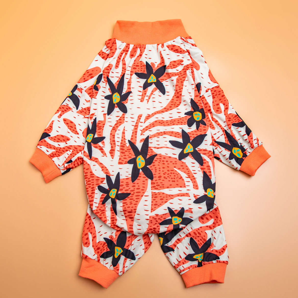 LovinPet Large Dog Post Recovery Suit - Abstract Orange & Black Floral Design