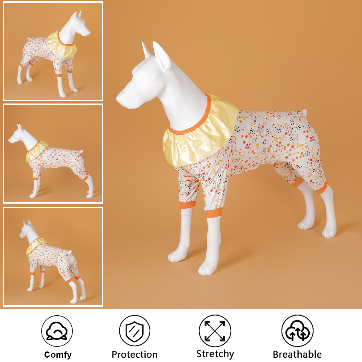 LovinPet Large Dog Pajamas Onesie with Ruffled Collar - Vintage Floral Sleepwear for Big Dogs